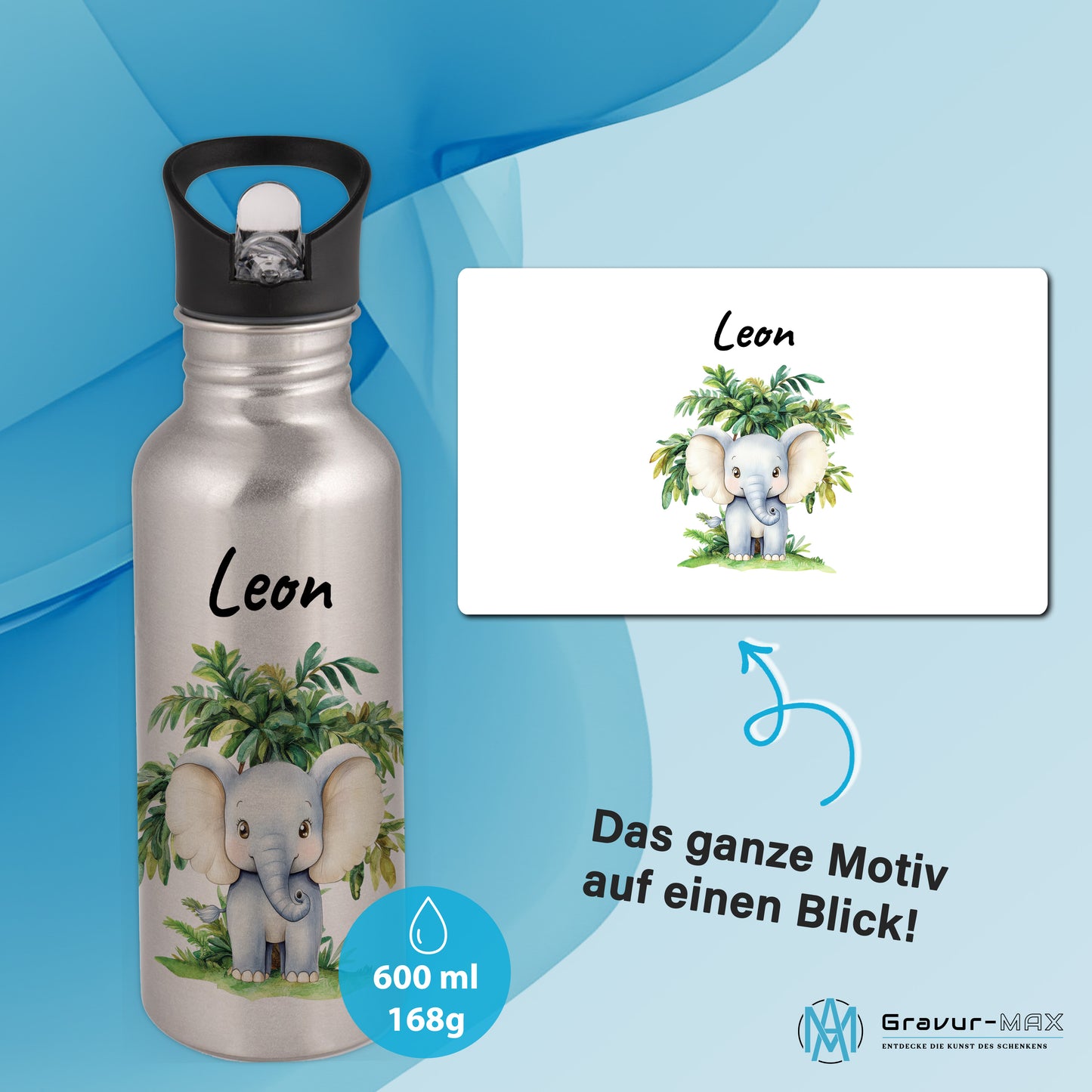 Trinkflasche mit Strohhalm in Silber 600ml bedruckt mit Dschungel Tieren"Elefant" personalisierbar für Kinder mit Wunschname aus Edelstahl