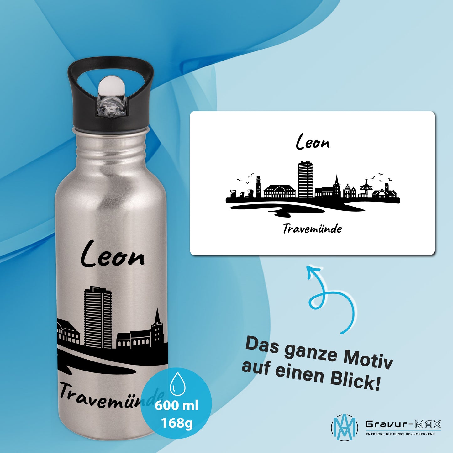 Trinkflasche in Silber 600ml aus Edelstahl bedruckt mit der Skyline von Travemünde personalisierbar mit Wunschname