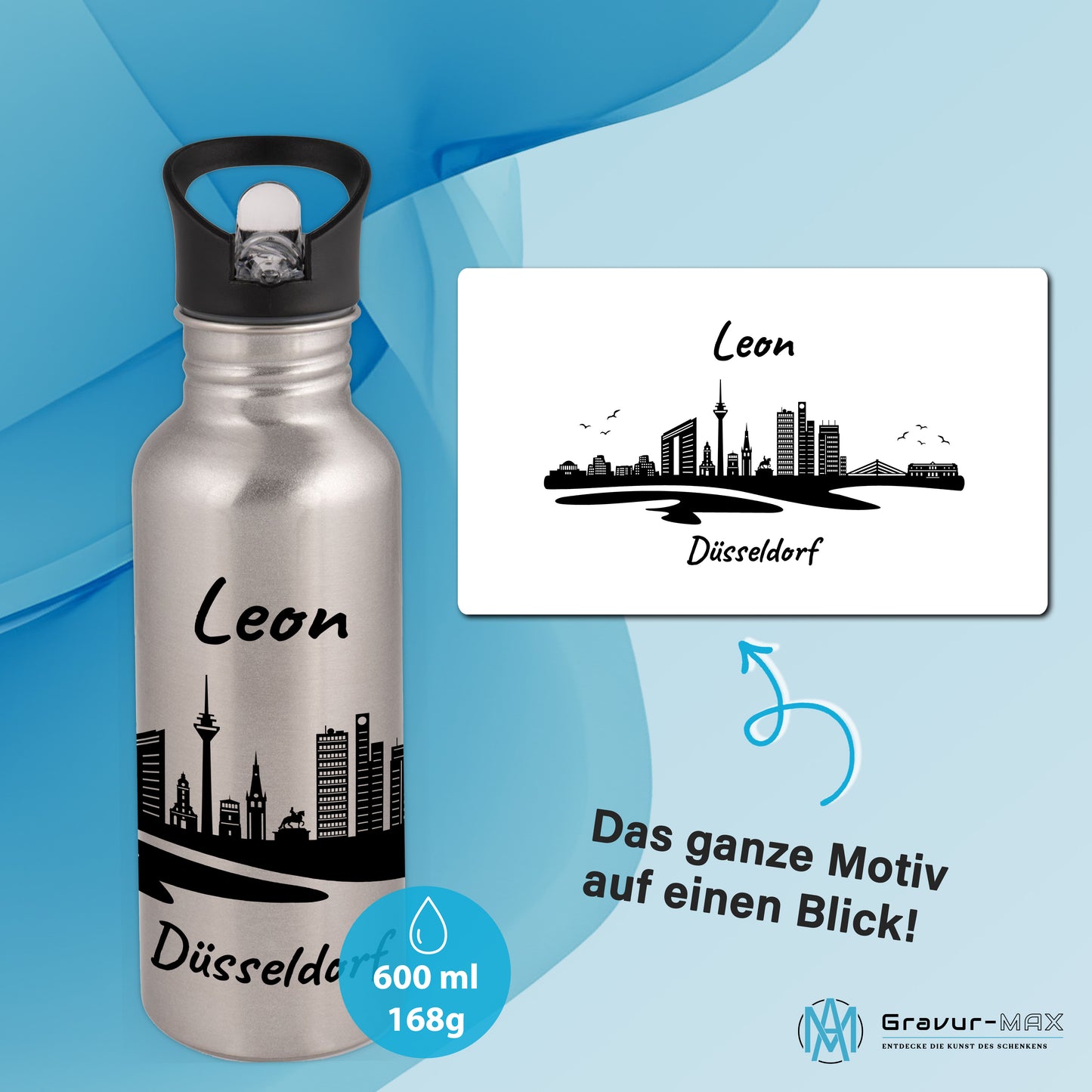 Trinkflasche in Silber 600ml aus Edelstahl bedruckt mit der Skyline von Düsseldorf personalisierbar mit Wunschname