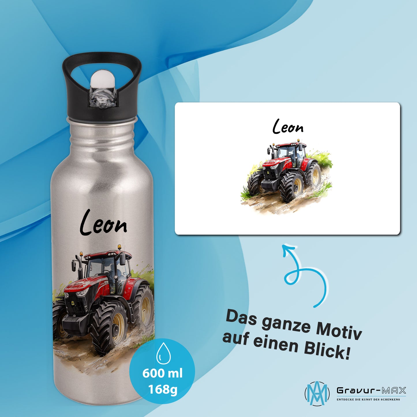 Trinkflasche mit Strohhalm in Silber 600ml bedruckt mit tollen Motiven für Kinder "Traktor" personalisierbar für Kinder mit Wunschname aus Edelstahl