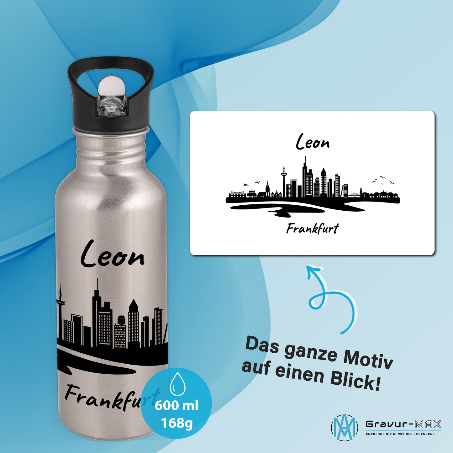 Trinkflasche in Silber 600ml aus Edelstahl bedruckt mit der Skyline von Frankfurt personalisierbar mit Wunschname