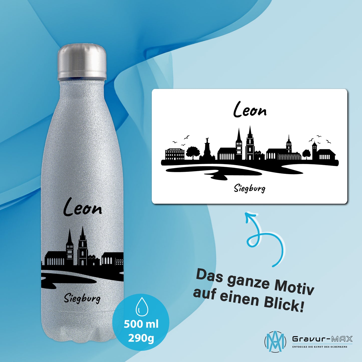 Glitzer Trinkflasche in Silber 500ml aus Edelstahl bedruckt mit der Skyline von Siegburg personalisierbar mit Wunschname