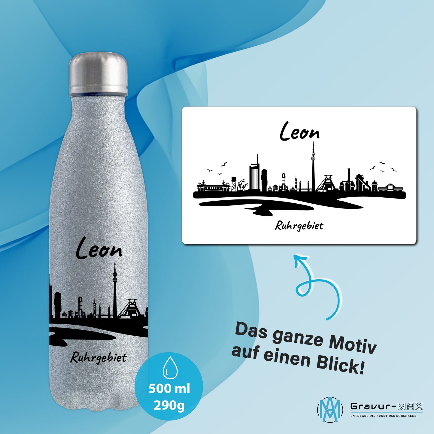 Glitzer Trinkflasche in Silber 500ml aus Edelstahl bedruckt mit der Skyline von Ruhrgebiet personalisierbar mit Wunschname