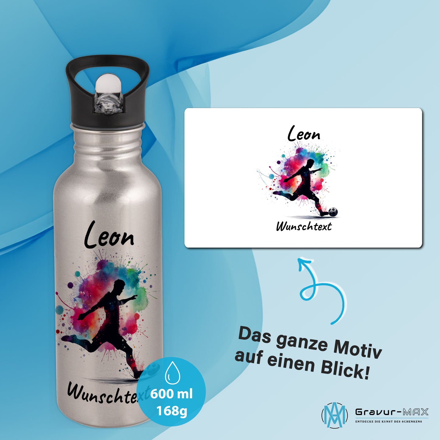 Trinkflasche mit Strohhalm in Silber 600ml bedruckt mit Fußball Motiven"Motiv4" personalisierbar für Kinder mit Wunschname aus Edelstahl