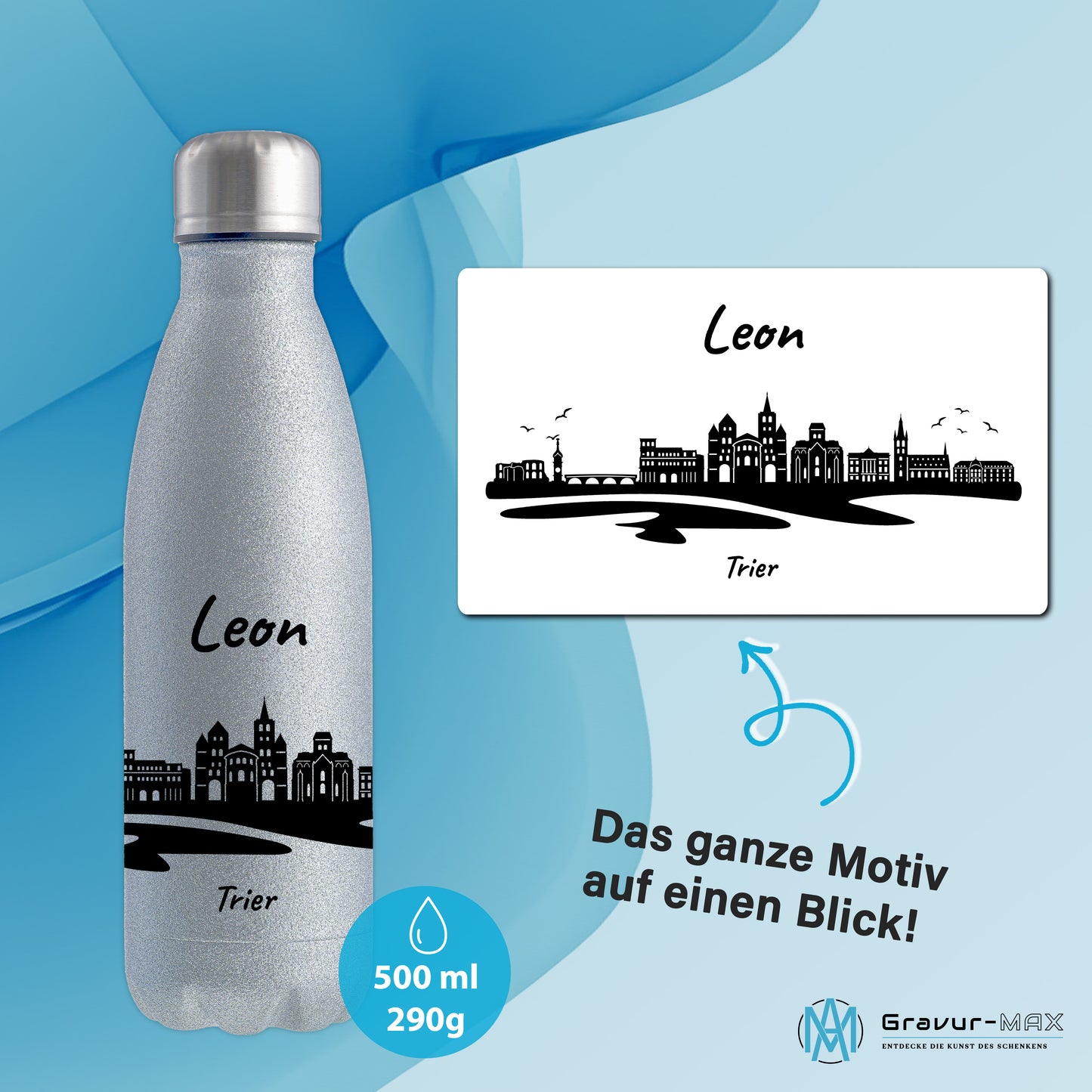 Glitzer Trinkflasche in Silber 500ml aus Edelstahl bedruckt mit der Skyline von Trier personalisierbar mit Wunschname