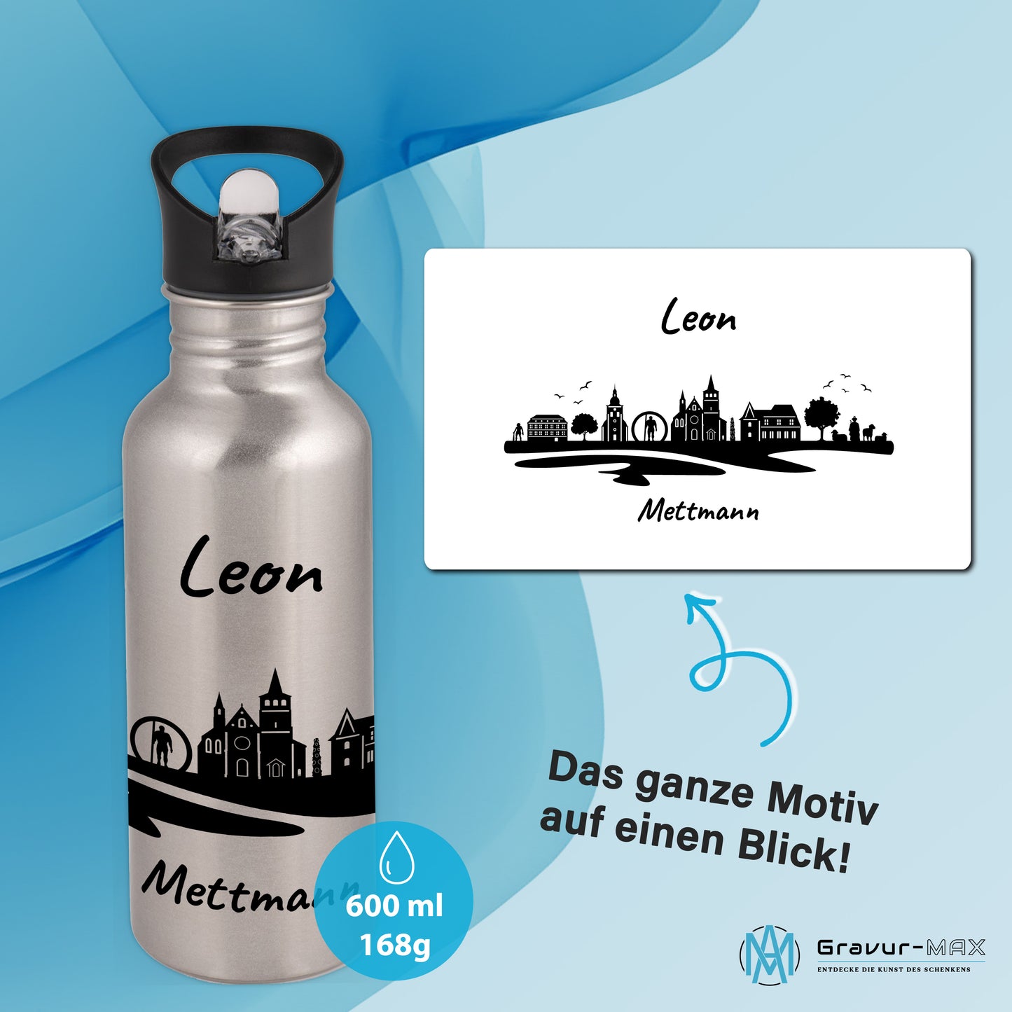 Trinkflasche in Silber 600ml aus Edelstahl bedruckt mit der Skyline von Mettmann personalisierbar mit Wunschname