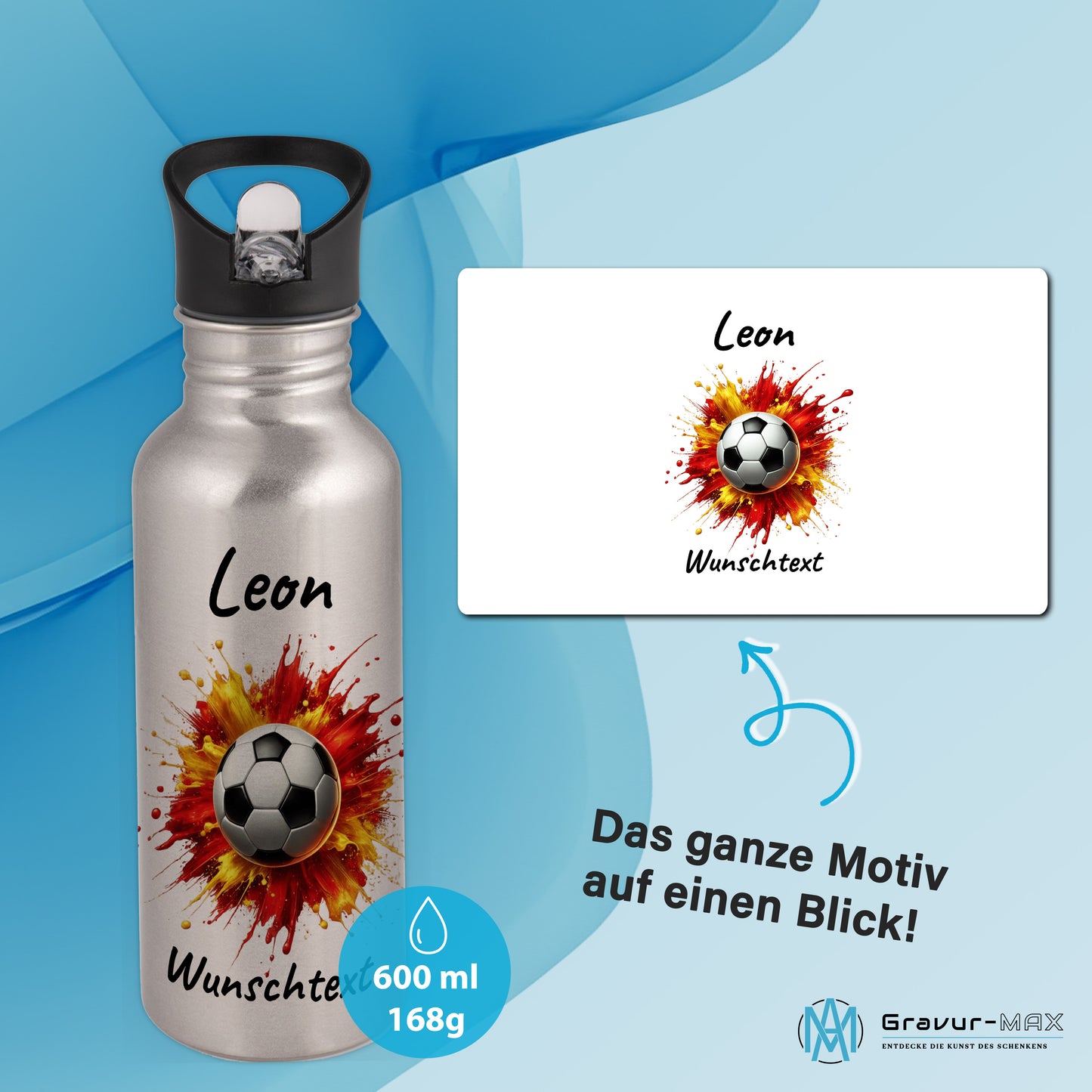 Trinkflasche mit Strohhalm in Silber 600ml bedruckt mit Fußball Motiven"Motiv9" personalisierbar für Kinder mit Wunschname aus Edelstahl