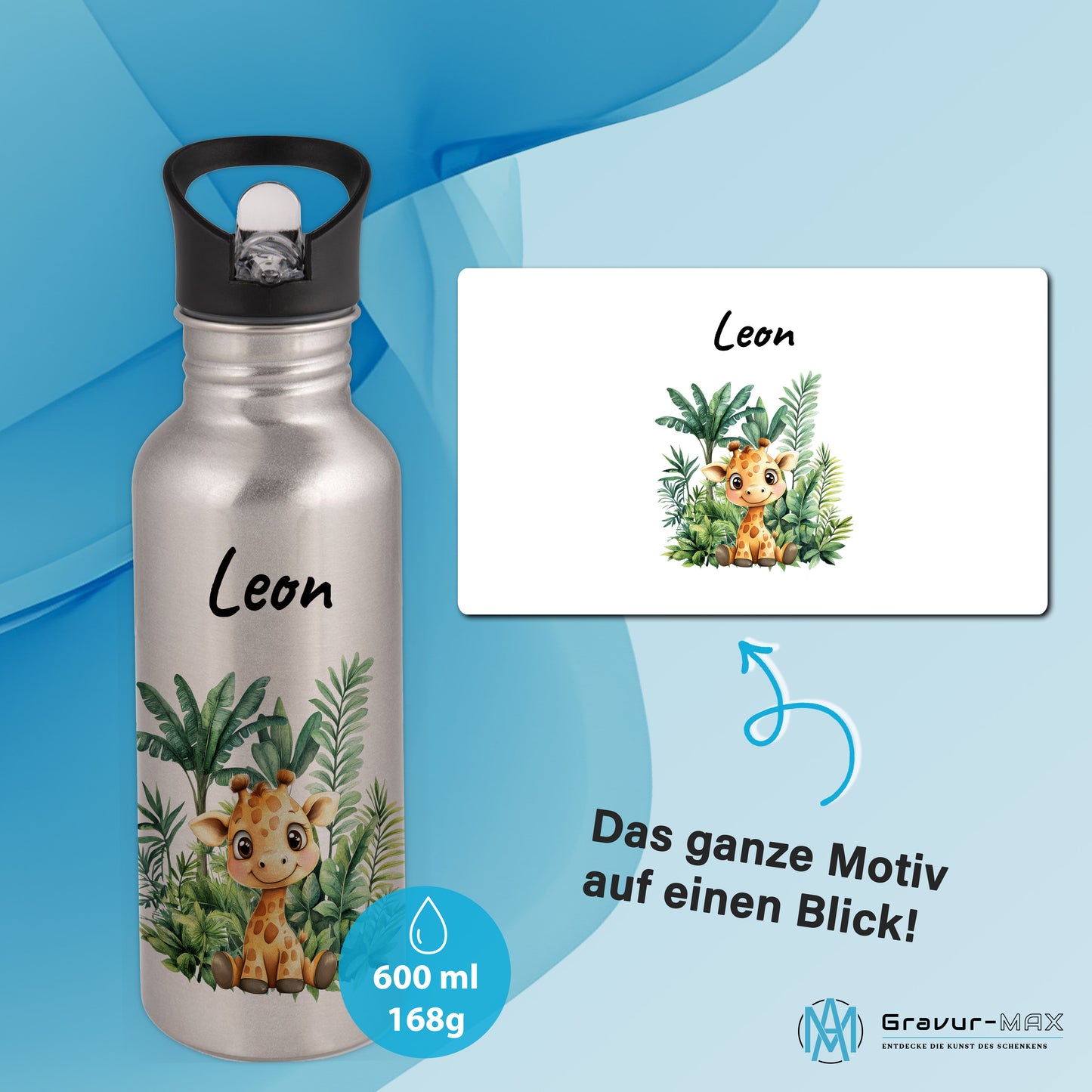Trinkflasche mit Strohhalm in Silber 600ml bedruckt mit Dschungel Tieren"Giraffe" personalisierbar für Kinder mit Wunschname aus Edelstahl