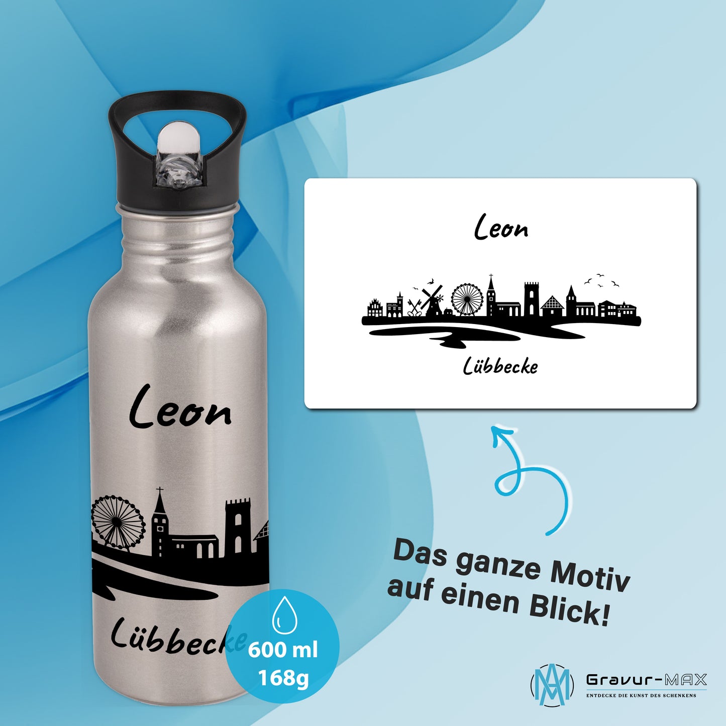 Trinkflasche in Silber 600ml aus Edelstahl bedruckt mit der Skyline von Lübbecke personalisierbar mit Wunschname