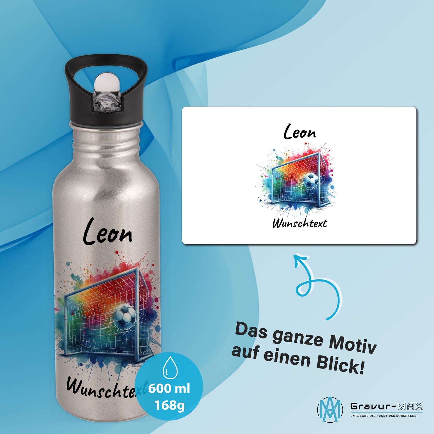 Trinkflasche mit Strohhalm in Silber 600ml bedruckt mit Fußball Motiven"Motiv5" personalisierbar für Kinder mit Wunschname aus Edelstahl
