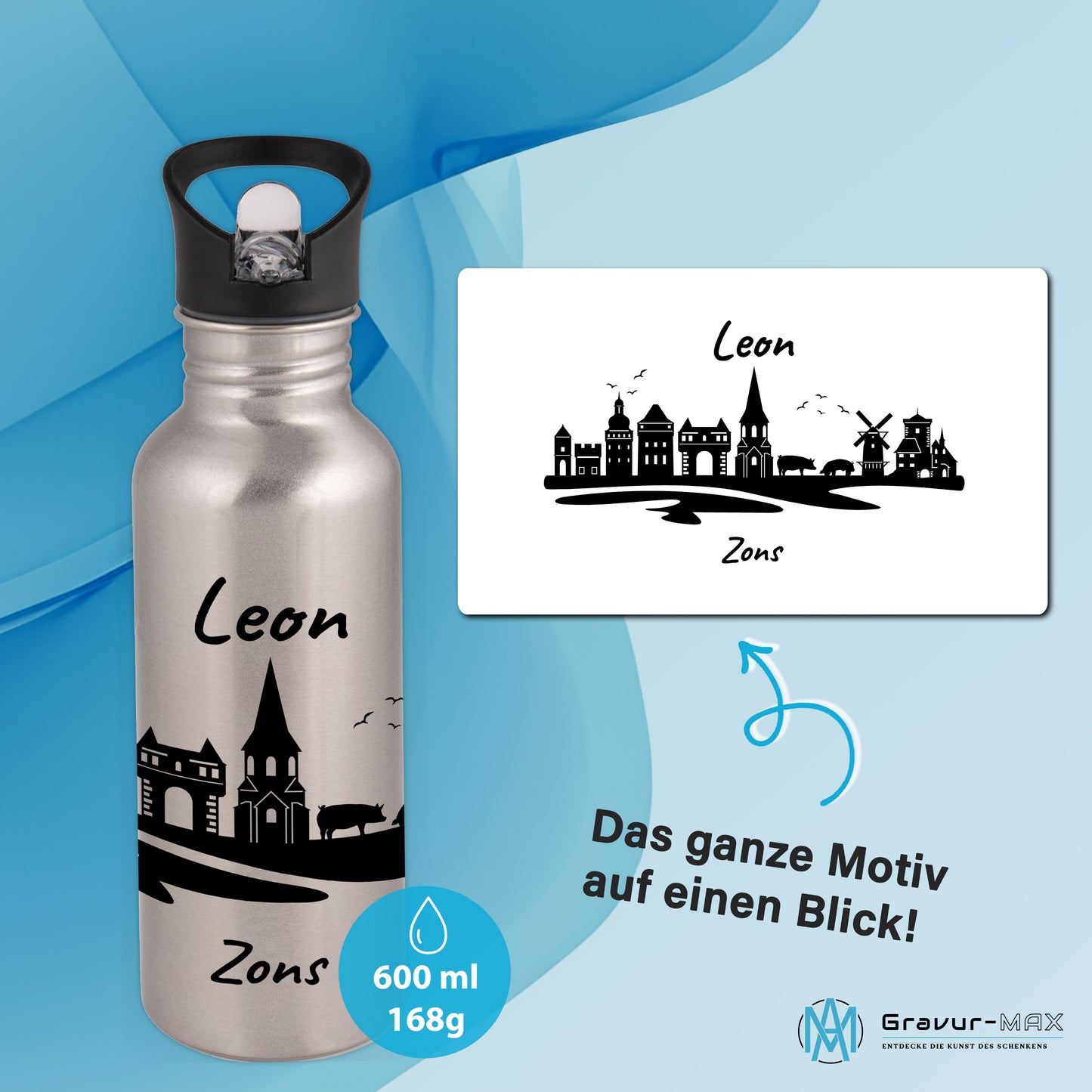 Trinkflasche in Silber 600ml aus Edelstahl bedruckt mit der Skyline von Zons (Dormagen) personalisierbar mit Wunschname