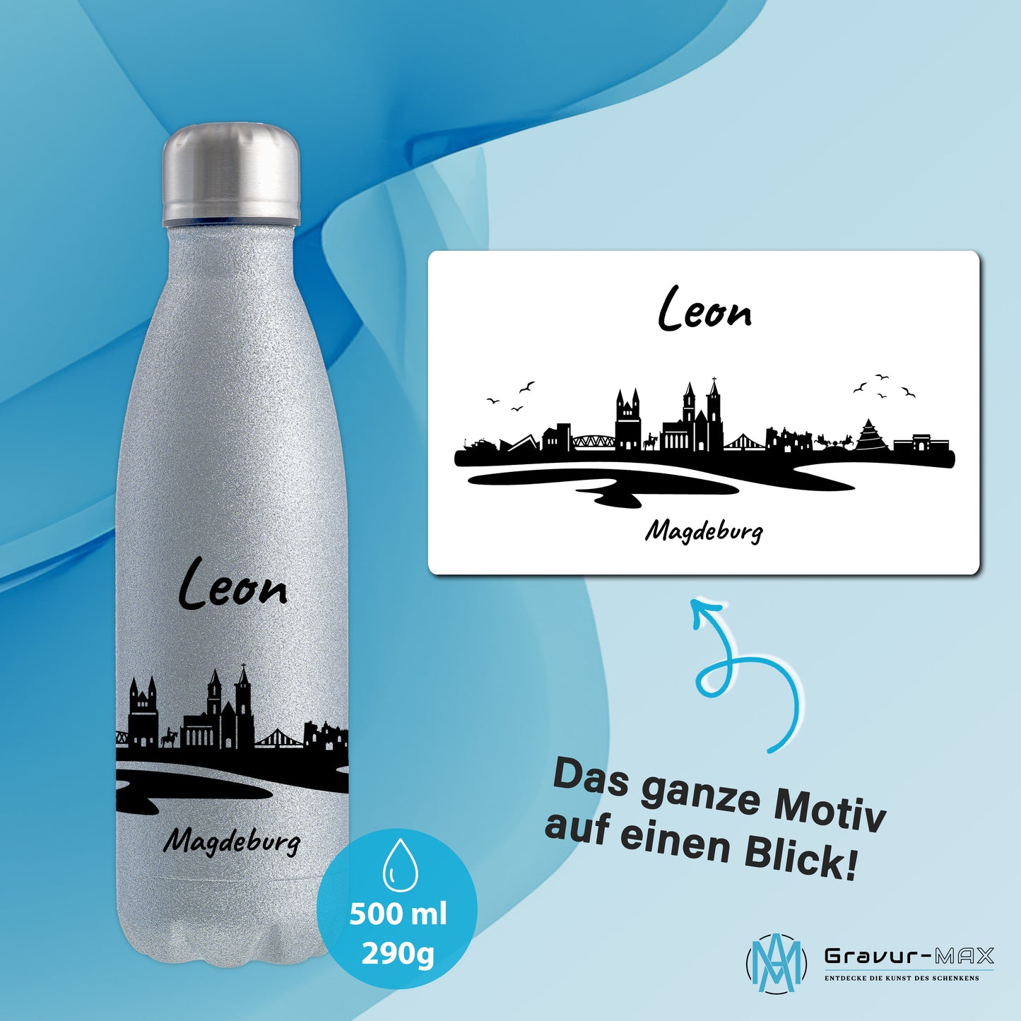 Glitzer Trinkflasche in Silber 500ml aus Edelstahl bedruckt mit der Skyline von Magdeburg personalisierbar mit Wunschname