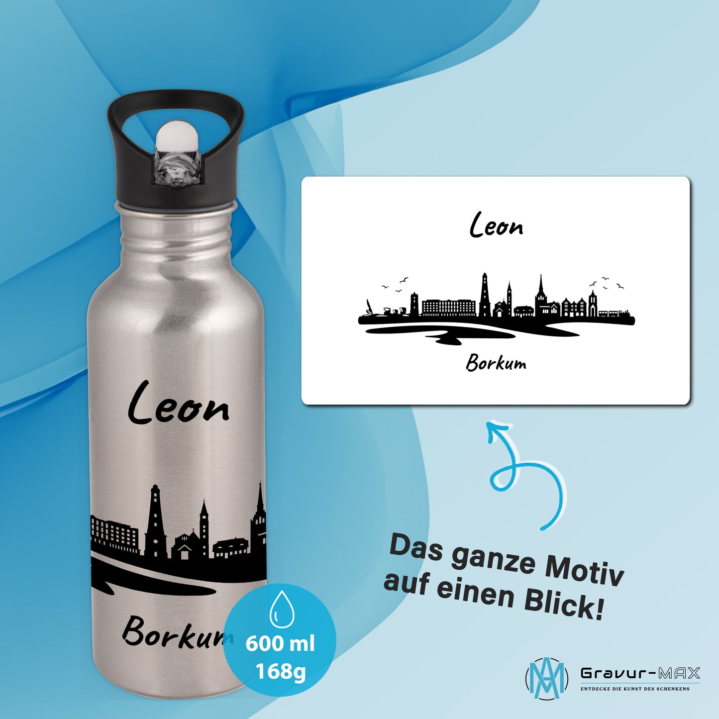 Trinkflasche in Silber 600ml aus Edelstahl bedruckt mit der Skyline von Borkum personalisierbar mit Wunschname