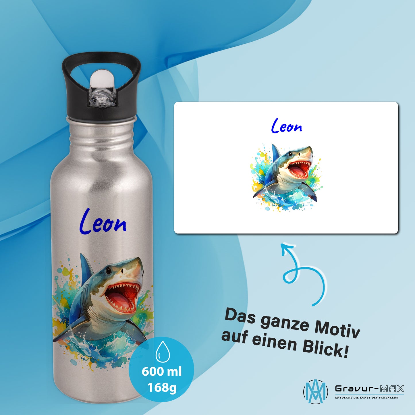 Trinkflasche mit Strohhalm in Silber 600ml bedruckt mit tollen Motiven für Kinder "Hai" personalisierbar für Kinder mit Wunschname aus Edelstahl