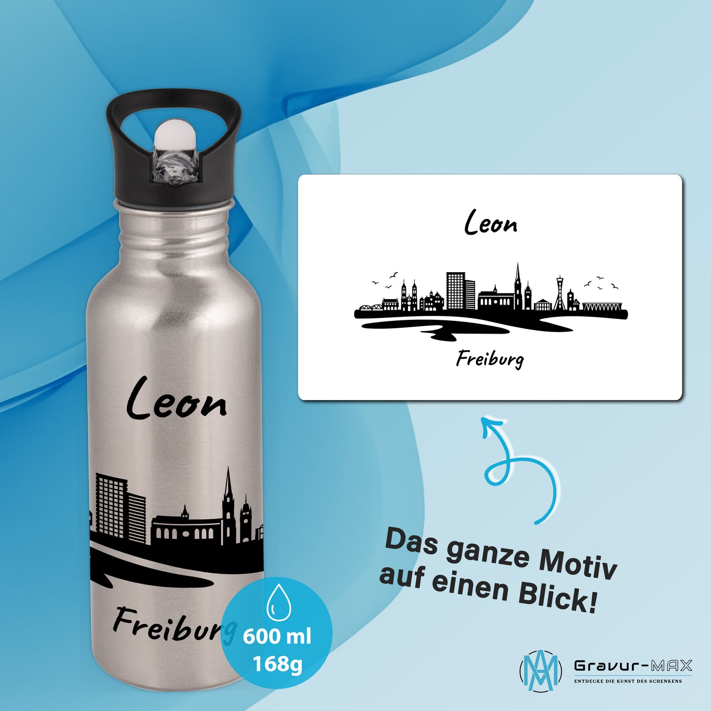 Trinkflasche in Silber 600ml aus Edelstahl bedruckt mit der Skyline von Freiburg personalisierbar mit Wunschname