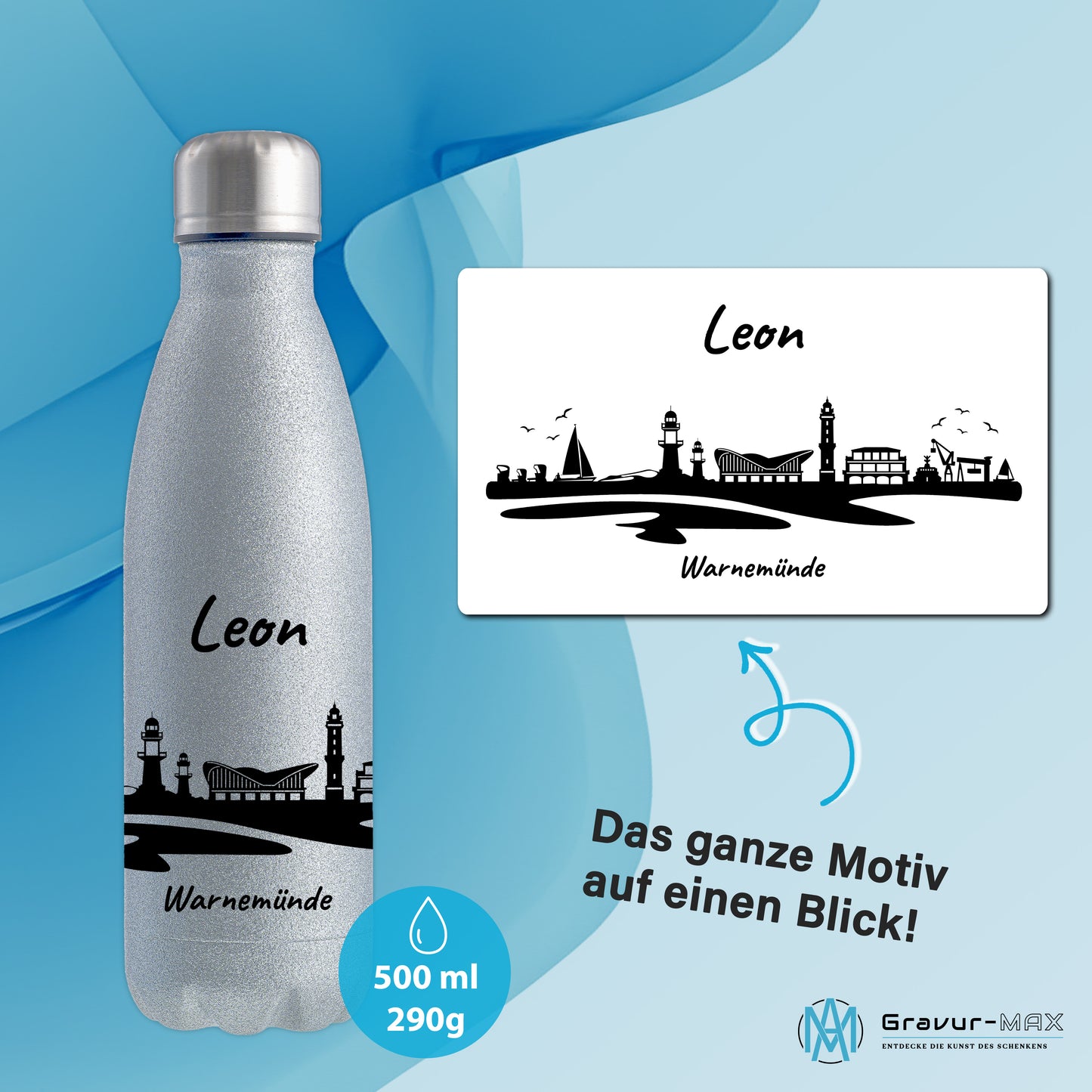 Glitzer Trinkflasche in Silber 500ml aus Edelstahl bedruckt mit der Skyline von Warnemünde personalisierbar mit Wunschname