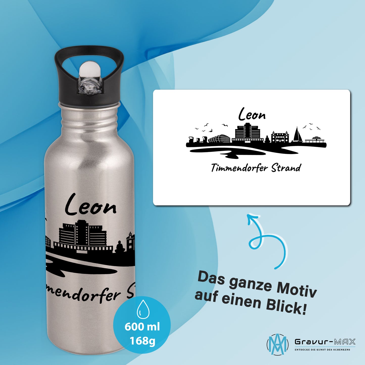 Trinkflasche in Silber 600ml aus Edelstahl bedruckt mit der Skyline von Timmendorfer Strand personalisierbar mit Wunschname
