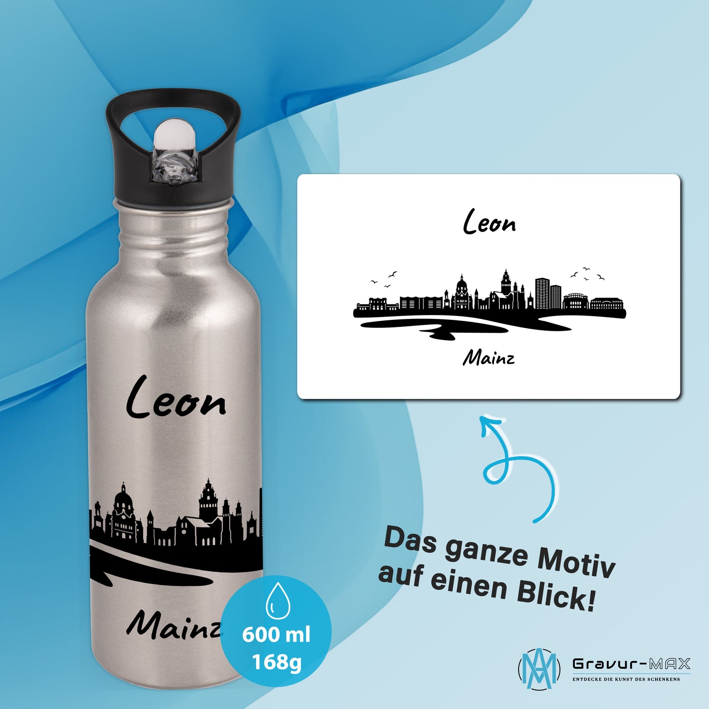 Trinkflasche in Silber 600ml aus Edelstahl bedruckt mit der Skyline von Mainz personalisierbar mit Wunschname