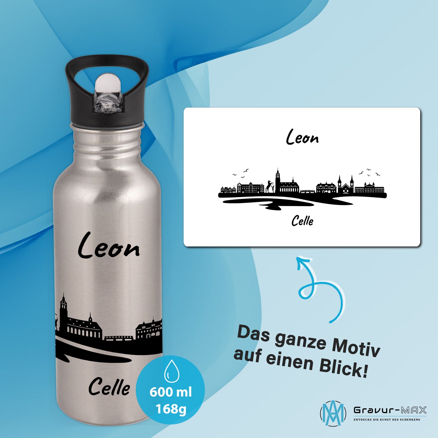 Trinkflasche in Silber 600ml aus Edelstahl bedruckt mit der Skyline von Celle personalisierbar mit Wunschname