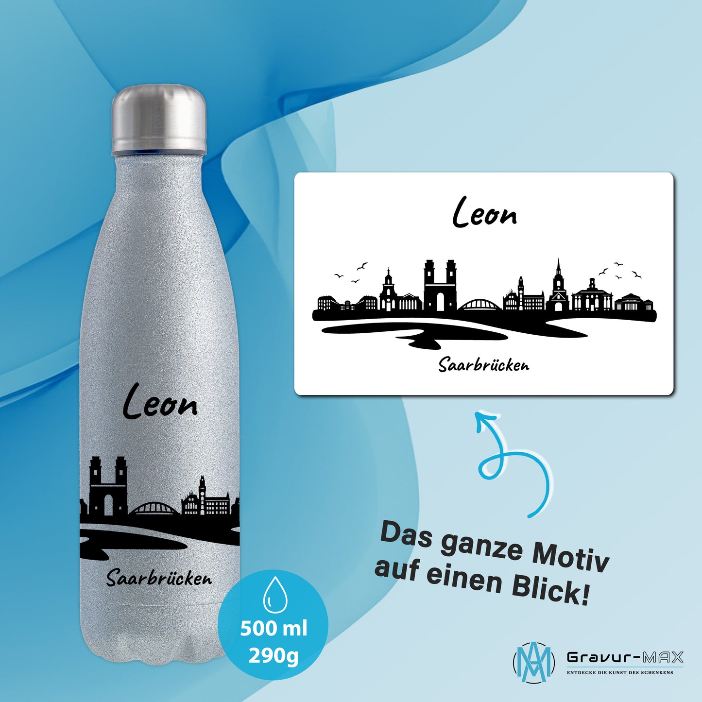 Glitzer Trinkflasche in Silber 500ml aus Edelstahl bedruckt mit der Skyline von Saarbrücken personalisierbar mit Wunschname