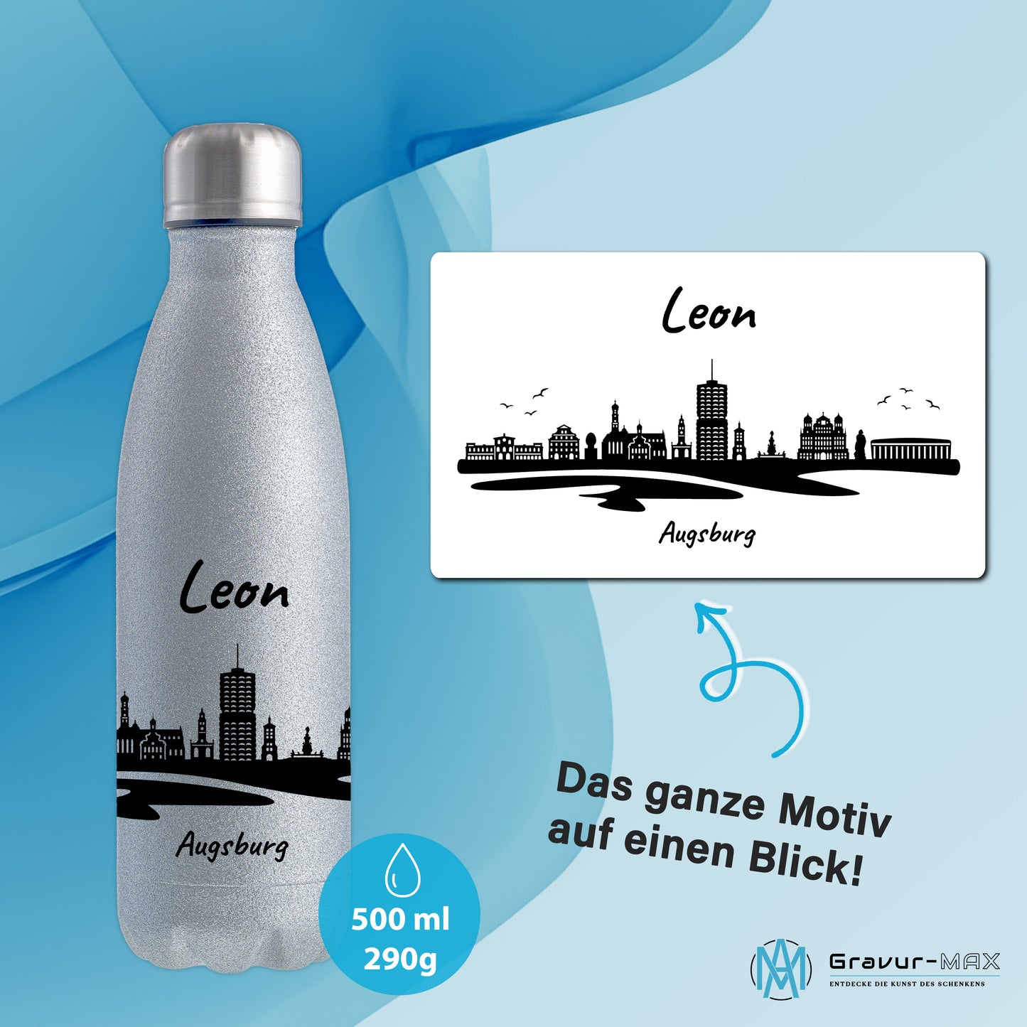 Glitzer Trinkflasche in Silber 500ml aus Edelstahl bedruckt mit der Skyline von Augsburg personalisierbar mit Wunschname