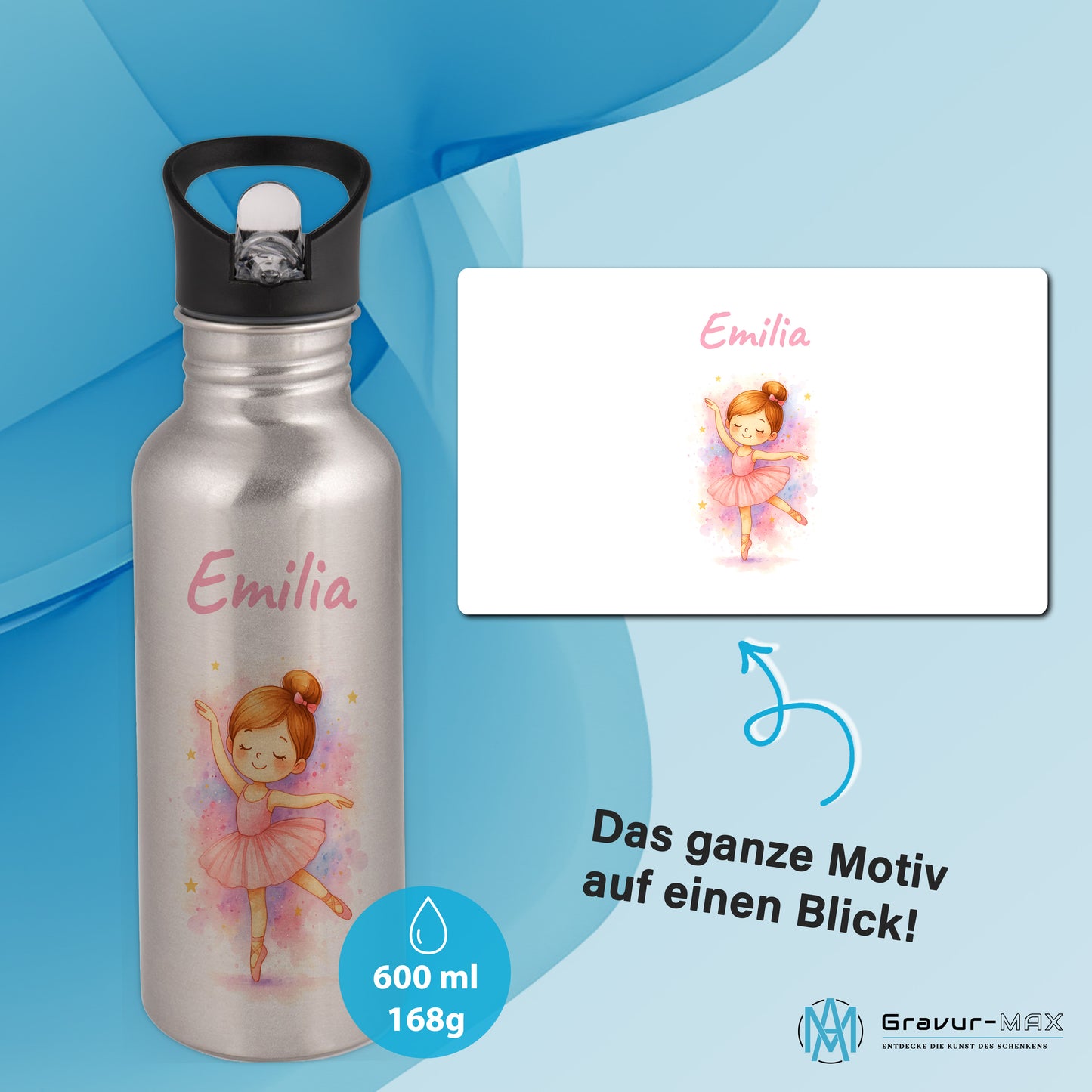 Trinkflasche mit Strohhalm in Silber 600ml bedruckt mit tollen Motiven für Kinder "Ballerina" personalisierbar für Kinder mit Wunschname aus Edelstahl