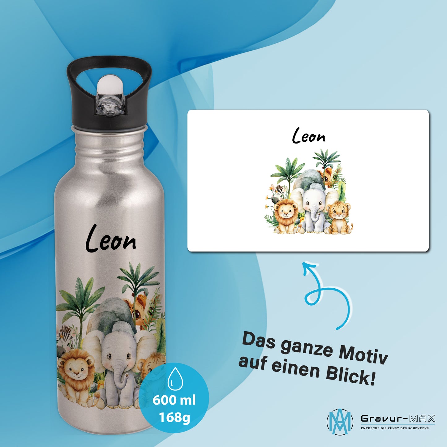 Trinkflasche mit Strohhalm in Silber 600ml bedruckt mit Dschungel Tieren"Dschungel Tiere" personalisierbar für Kinder mit Wunschname aus Edelstahl