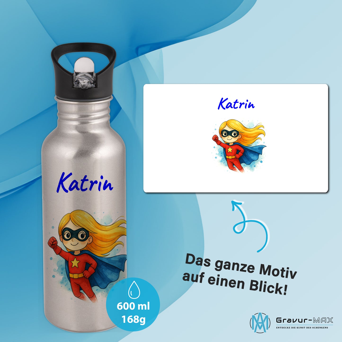 Trinkflasche mit Strohhalm in Silber 600ml bedruckt mit tollen Motiven für Kinder "Superheldin" personalisierbar für Kinder mit Wunschname aus Edelstahl