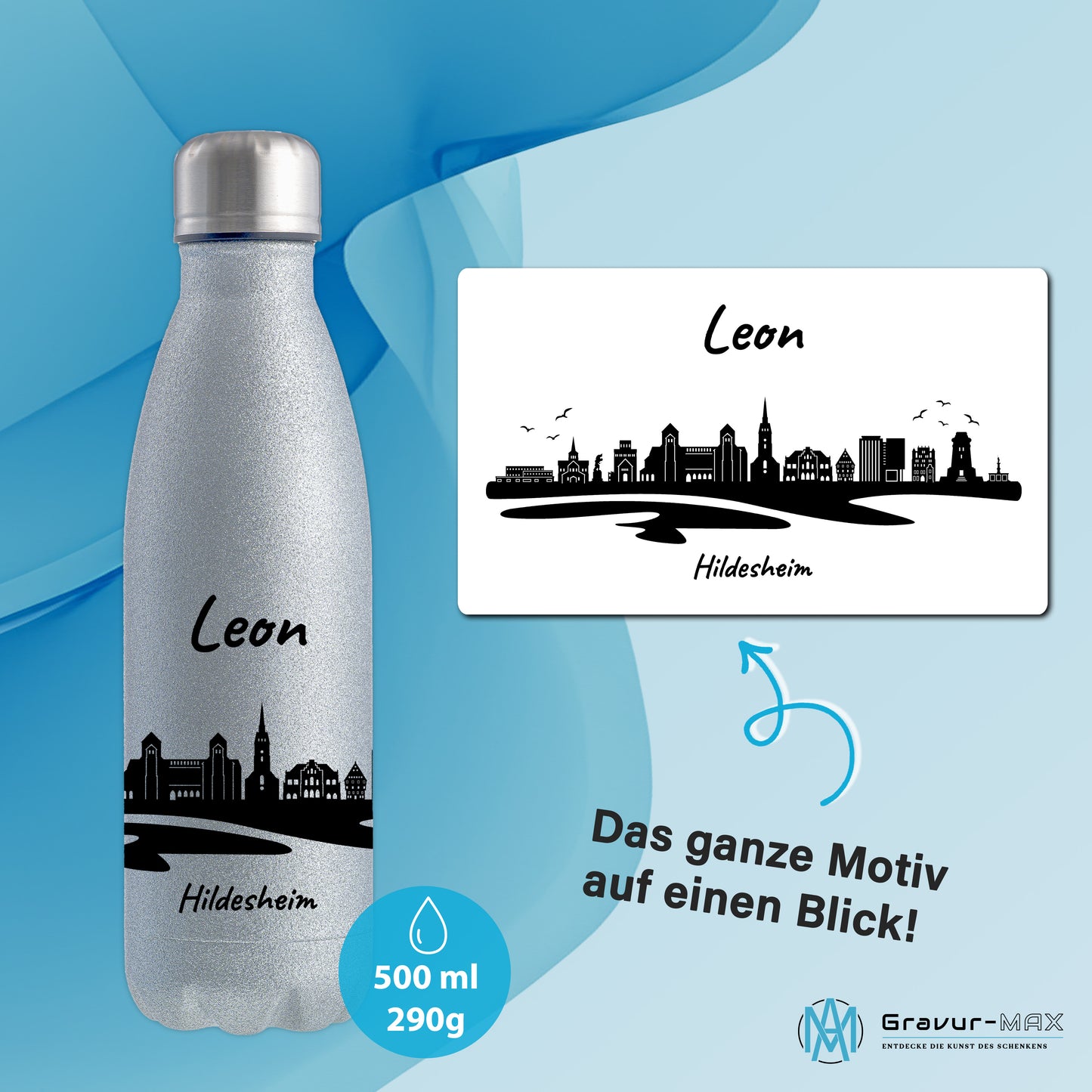 Glitzer Trinkflasche in Silber 500ml aus Edelstahl bedruckt mit der Skyline von Hildesheim personalisierbar mit Wunschname