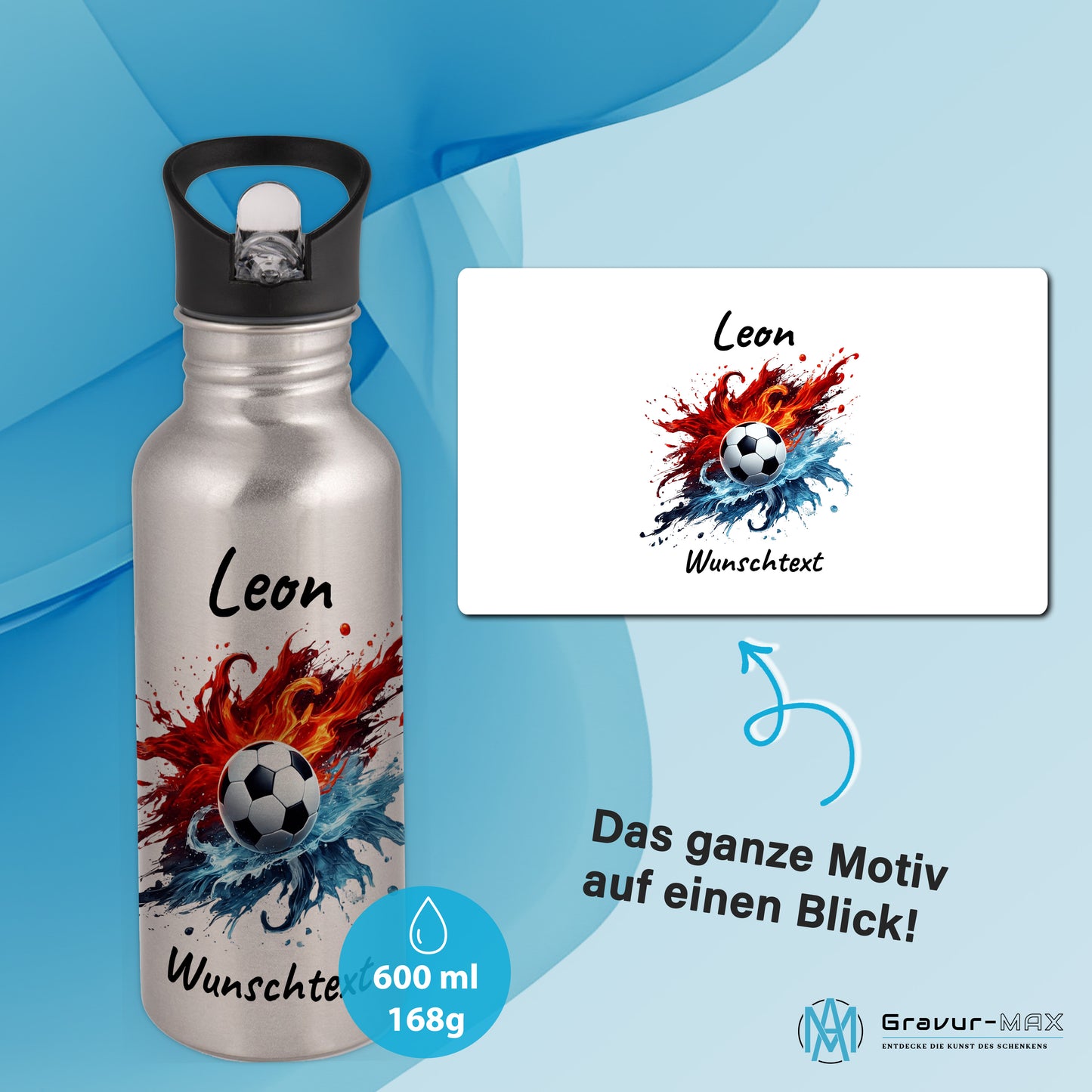Trinkflasche mit Strohhalm in Silber 600ml bedruckt mit Fußball Motiven"Motiv12" personalisierbar für Kinder mit Wunschname aus Edelstahl