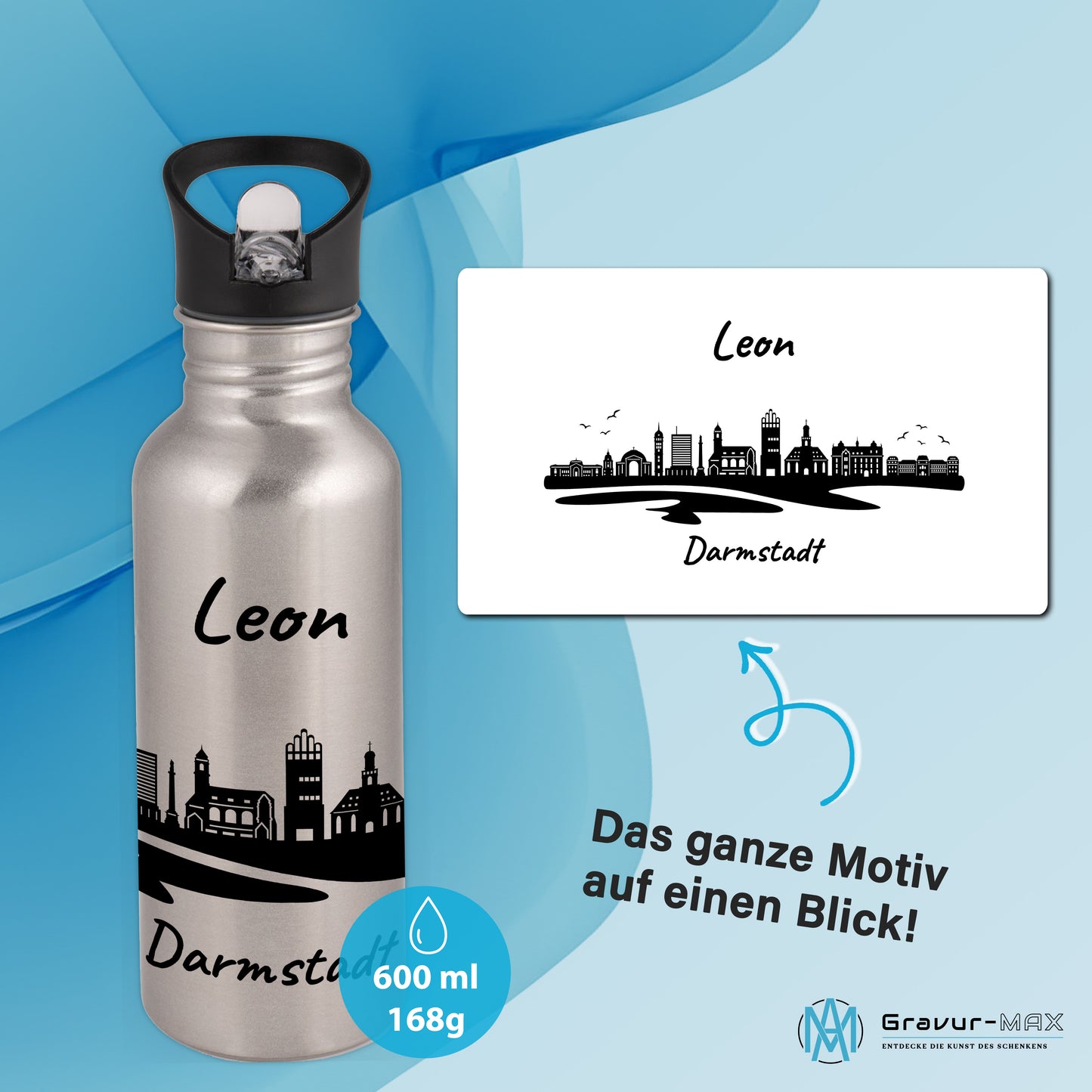 Trinkflasche in Silber 600ml aus Edelstahl bedruckt mit der Skyline von Darmstadt personalisierbar mit Wunschname