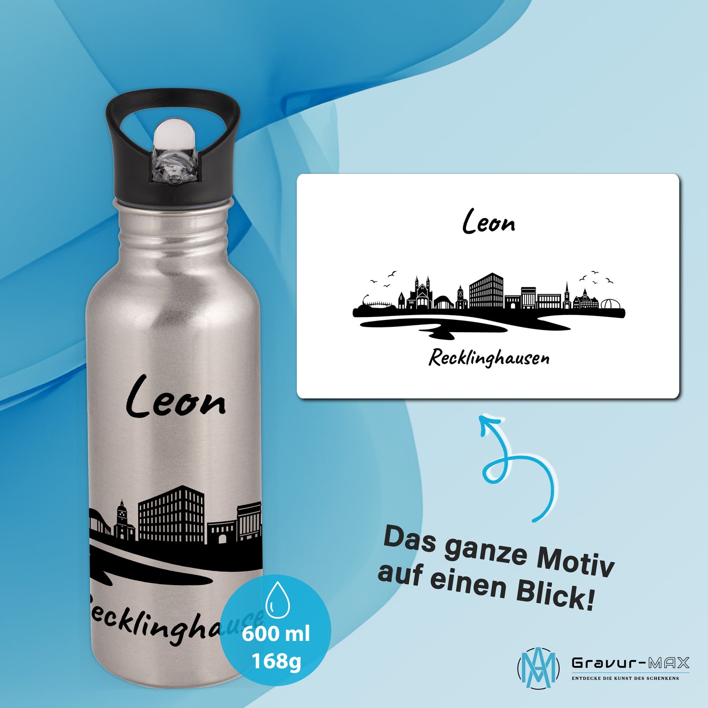 Trinkflasche in Silber 600ml aus Edelstahl bedruckt mit der Skyline von Recklinghausen personalisierbar mit Wunschname