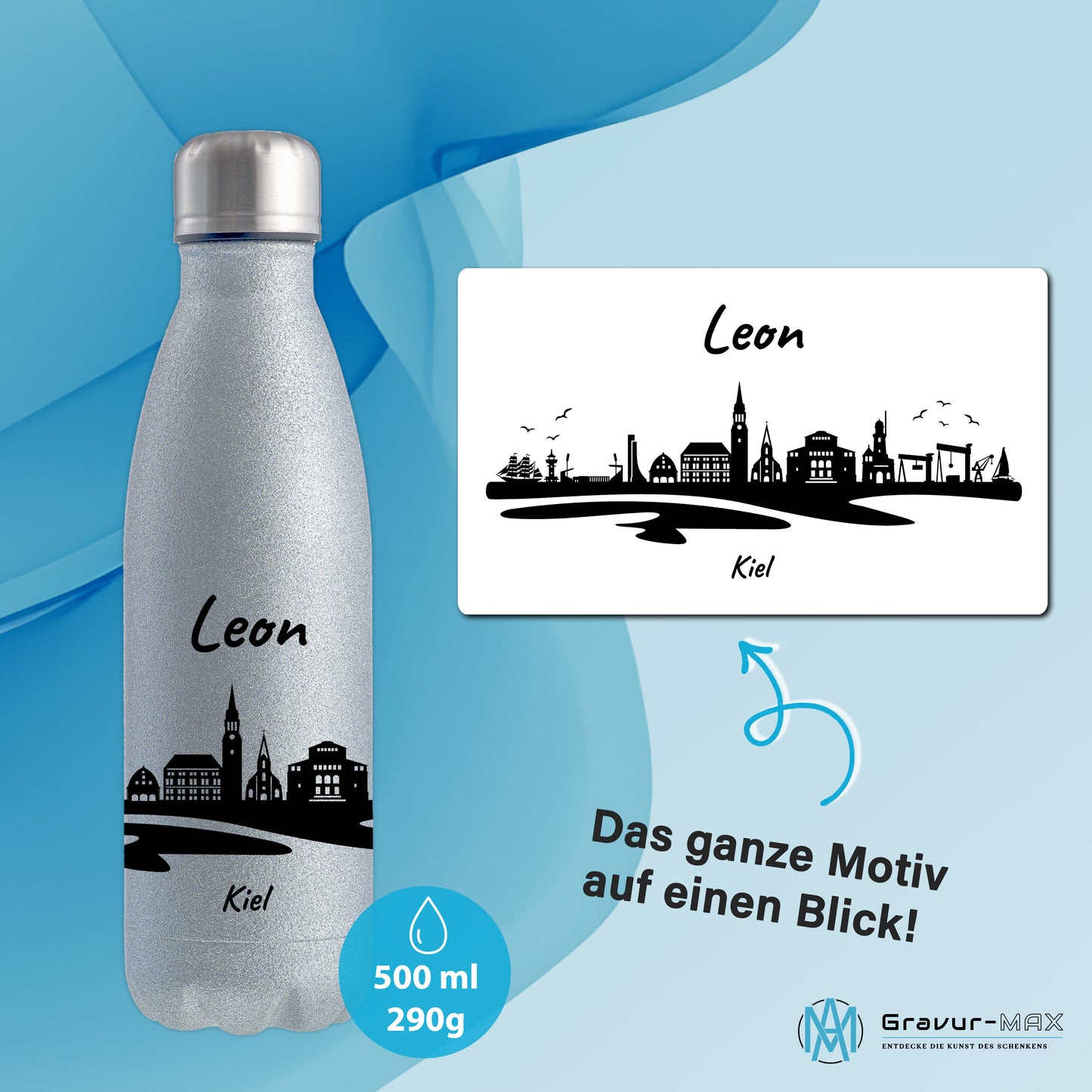 Glitzer Trinkflasche in Silber 500ml aus Edelstahl bedruckt mit der Skyline von Kiel personalisierbar mit Wunschname
