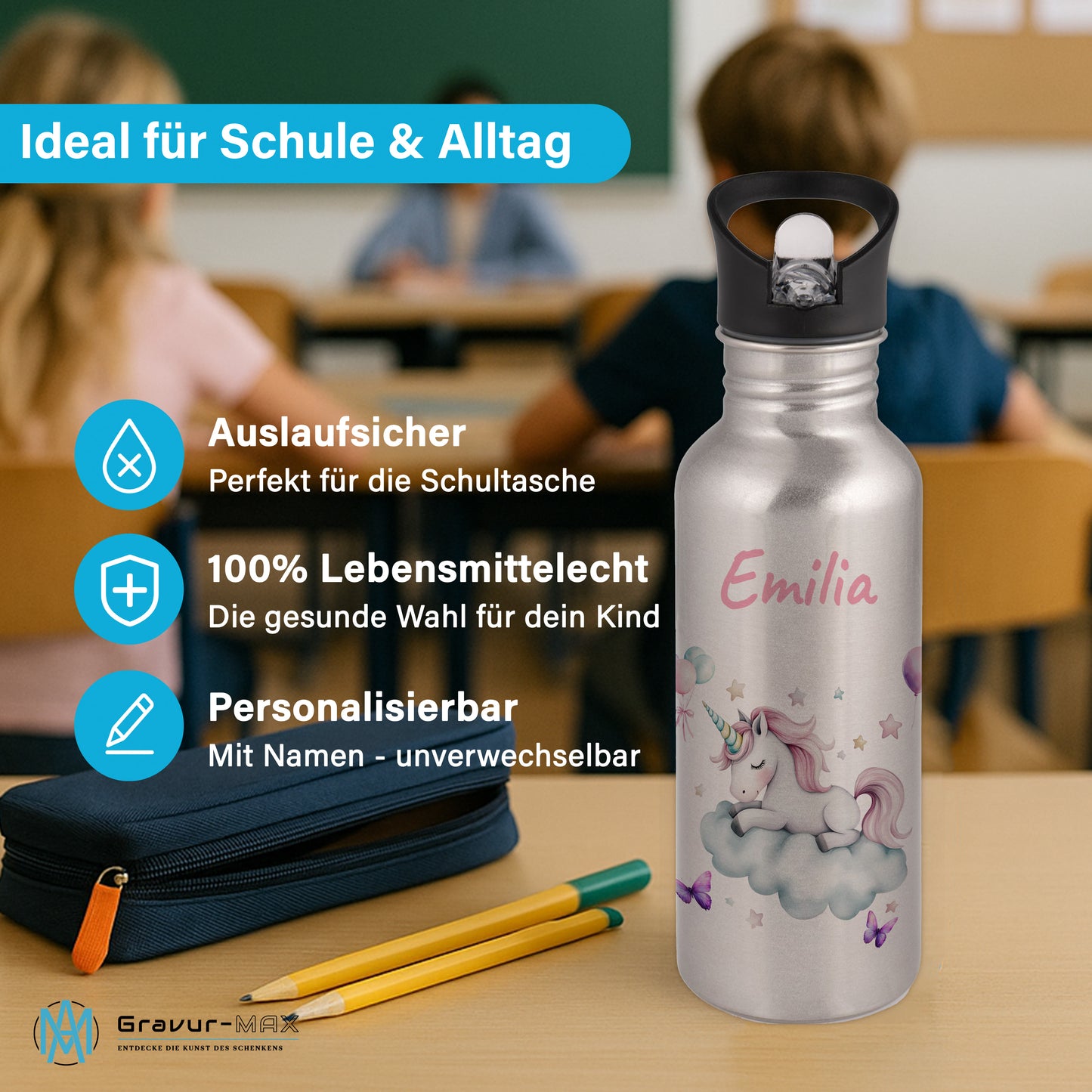 Trinkflasche mit Strohhalm in Silber 600ml bedruckt mit tollen Motiven für Kinder "Einhorn Wolke" personalisierbar für Kinder mit Wunschname aus Edelstahl