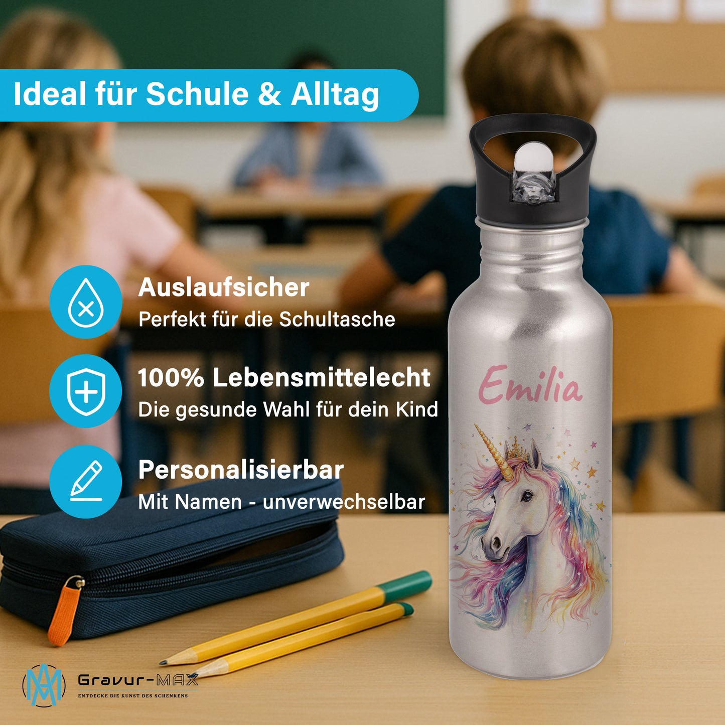 Trinkflasche mit Strohhalm in Silber 600ml bedruckt mit tollen Motiven für Kinder "Einhorn" personalisierbar für Kinder mit Wunschname aus Edelstahl