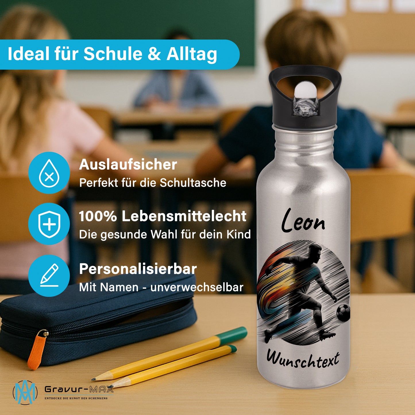 Trinkflasche mit Strohhalm in Silber 600ml bedruckt mit Fußball Motiven"Motiv2" personalisierbar für Kinder mit Wunschname aus Edelstahl
