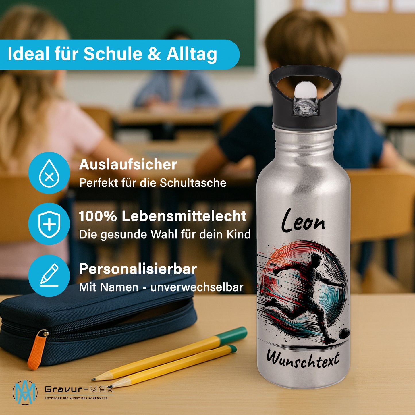 Trinkflasche mit Strohhalm in Silber 600ml bedruckt mit Fußball Motiven"Motiv3" personalisierbar für Kinder mit Wunschname aus Edelstahl