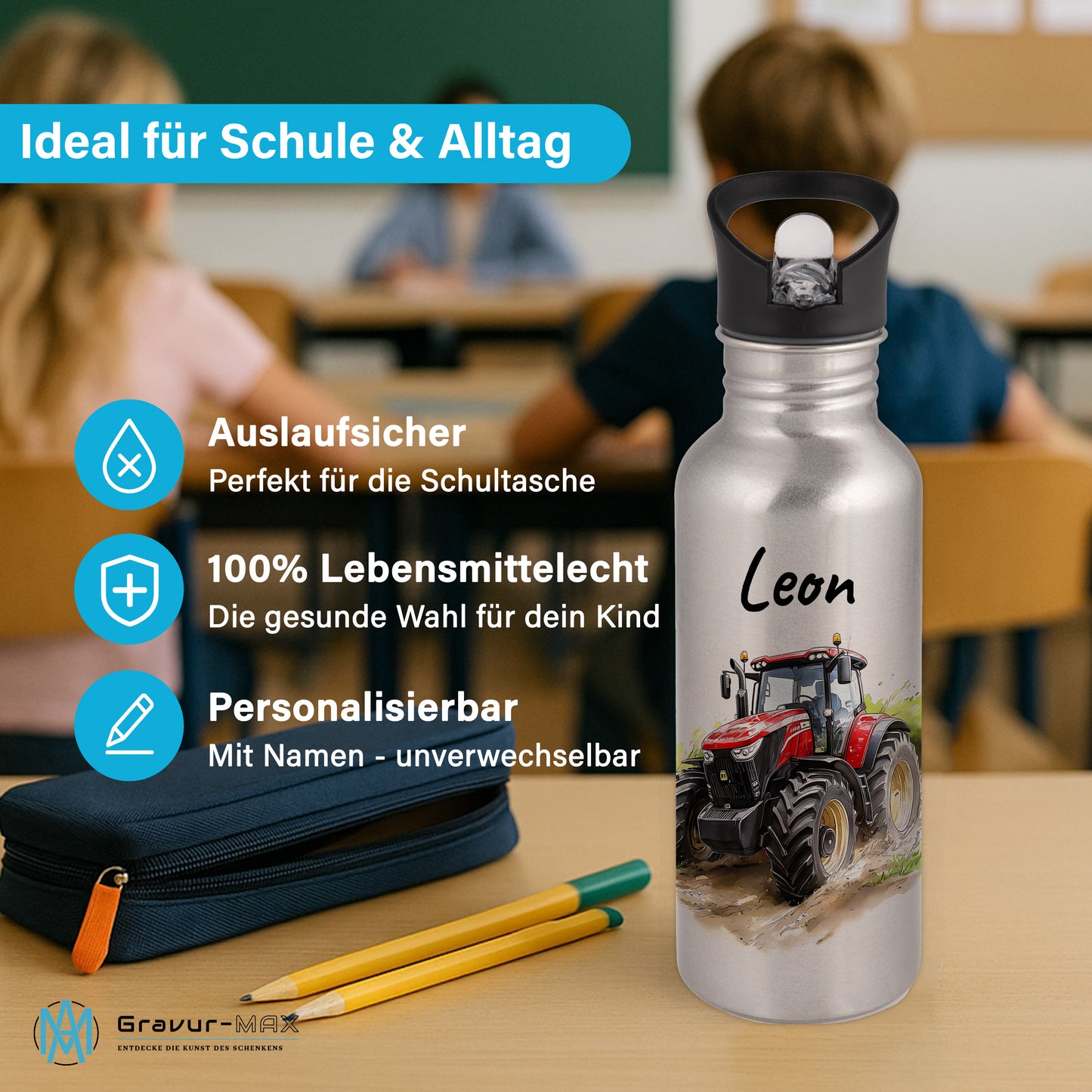 Trinkflasche mit Strohhalm in Silber 600ml bedruckt mit tollen Motiven für Kinder "Traktor" personalisierbar für Kinder mit Wunschname aus Edelstahl
