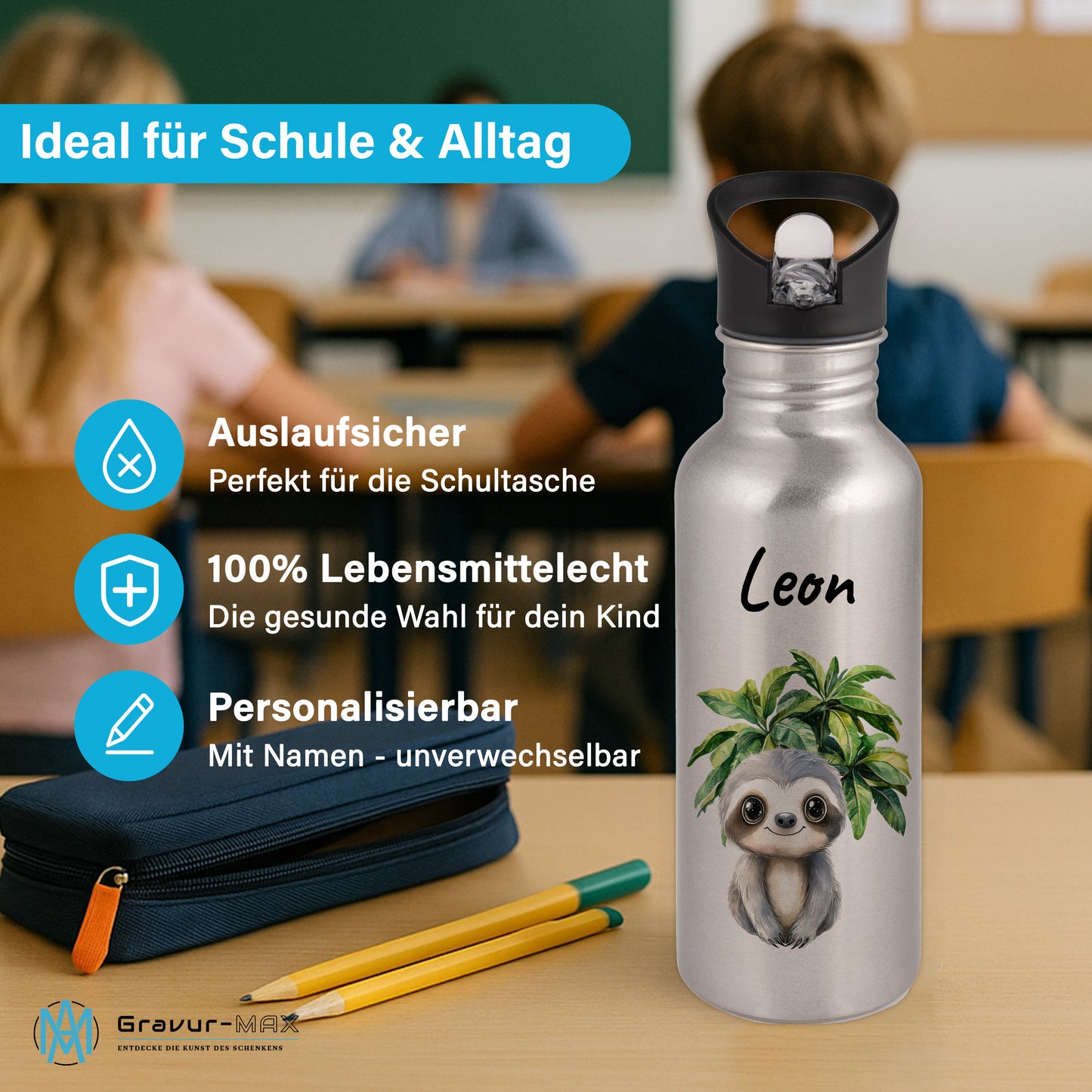 Trinkflasche mit Strohhalm in Silber 600ml bedruckt mit Dschungel Tieren"Faultier" personalisierbar für Kinder mit Wunschname aus Edelstahl