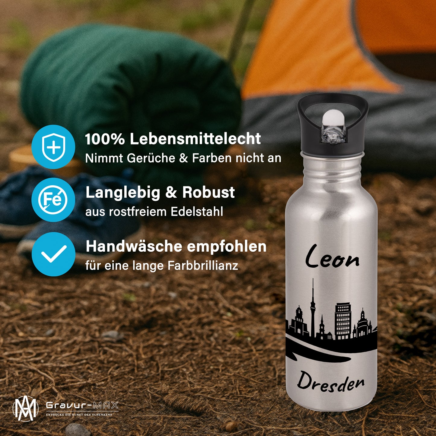 Trinkflasche in Silber 600ml aus Edelstahl bedruckt mit der Skyline von Dresden personalisierbar mit Wunschname