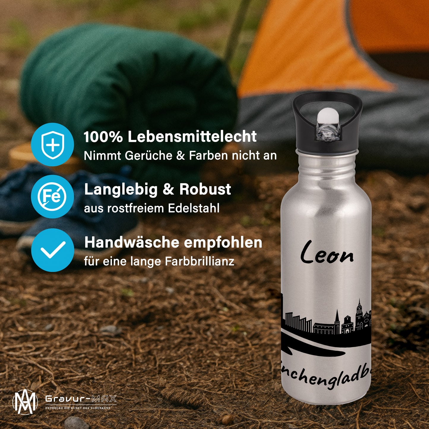 Trinkflasche in Silber 600ml aus Edelstahl bedruckt mit der Skyline von Mönchengladbach personalisierbar mit Wunschname