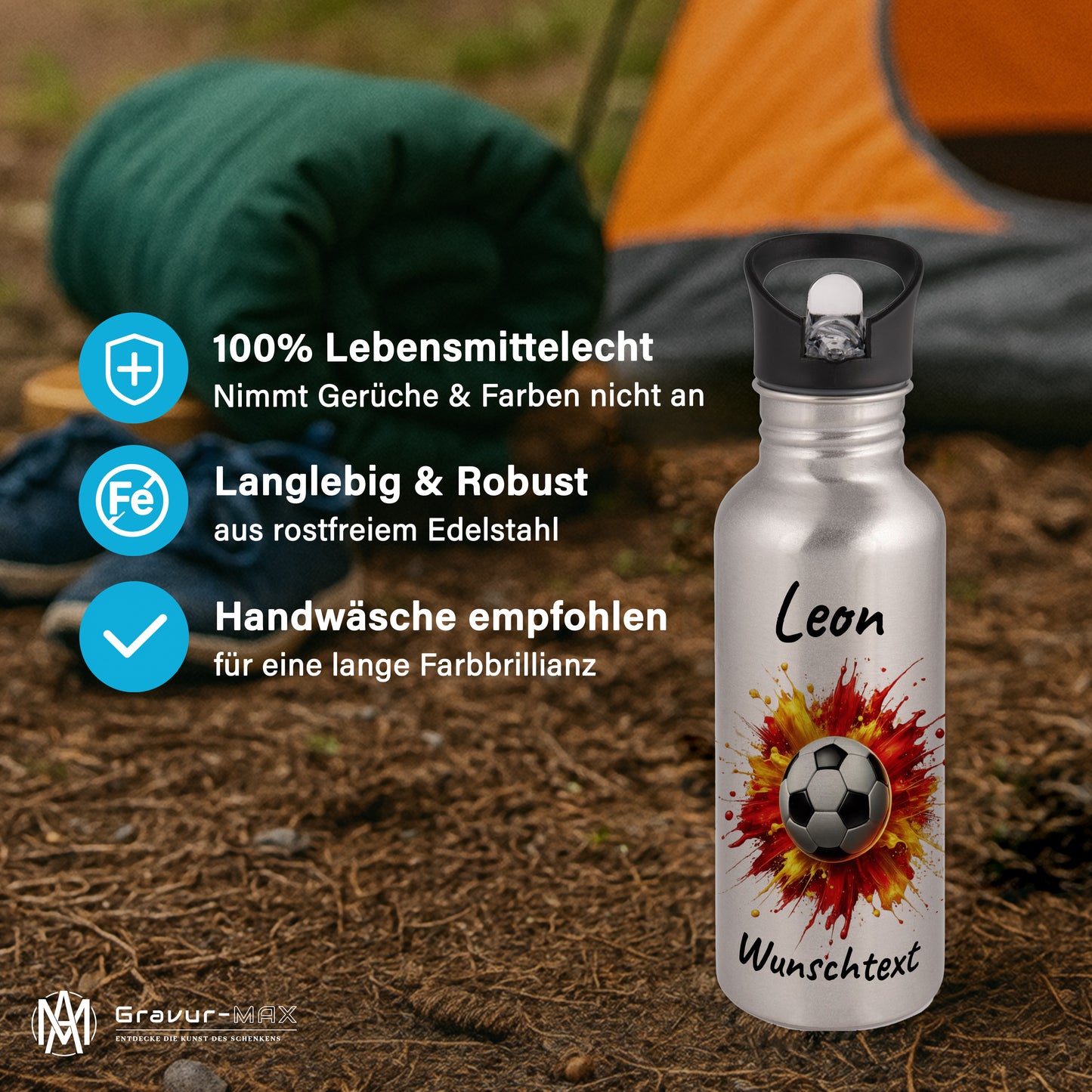 Trinkflasche mit Strohhalm in Silber 600ml bedruckt mit Fußball Motiven"Motiv9" personalisierbar für Kinder mit Wunschname aus Edelstahl