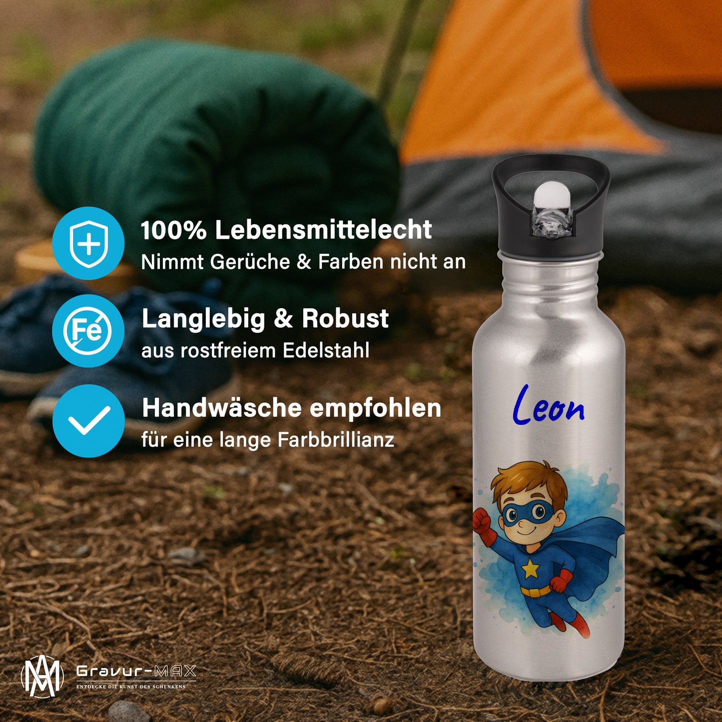 Trinkflasche mit Strohhalm in Silber 600ml bedruckt mit tollen Motiven für Kinder "Superheld" personalisierbar für Kinder mit Wunschname aus Edelstahl