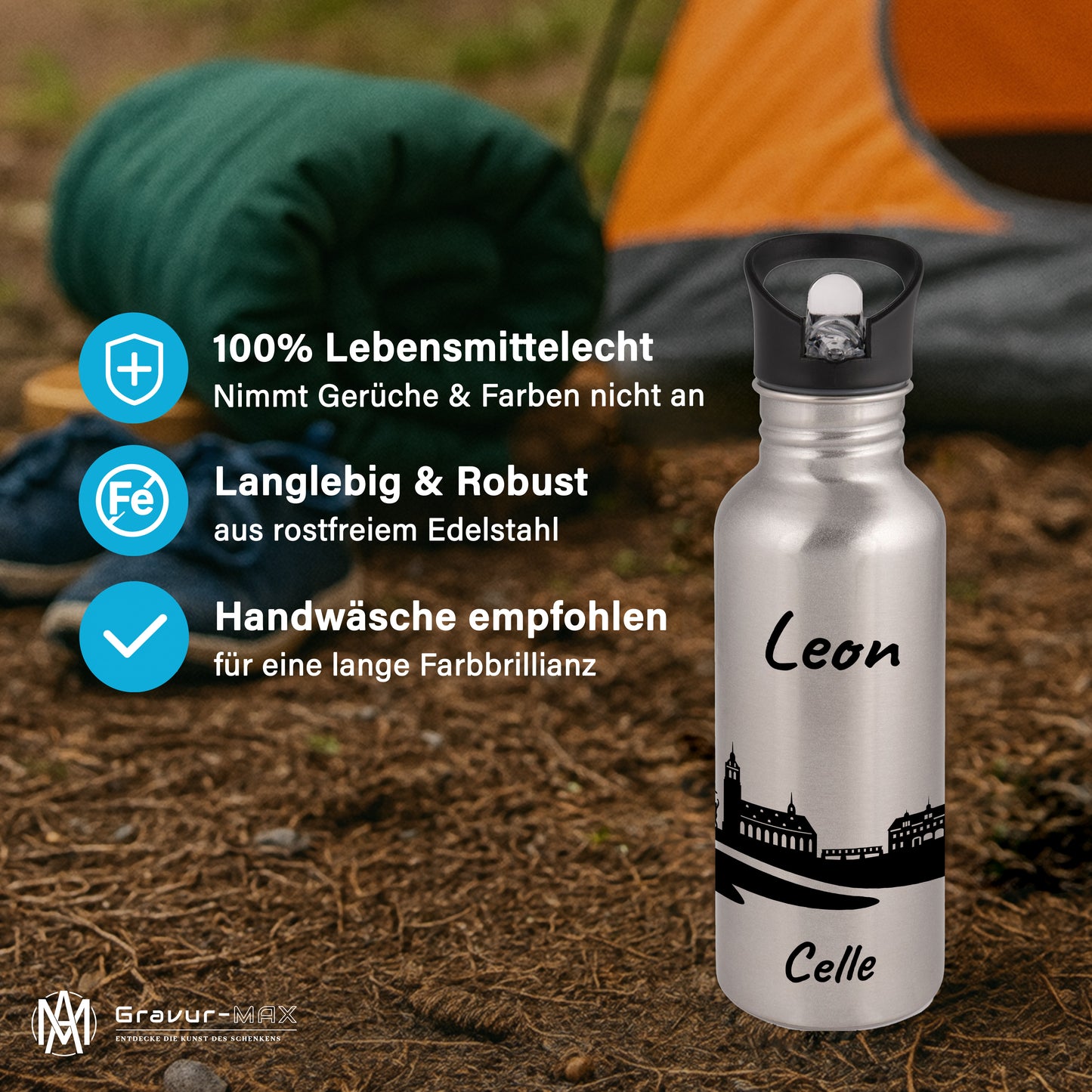 Trinkflasche in Silber 600ml aus Edelstahl bedruckt mit der Skyline von Celle personalisierbar mit Wunschname