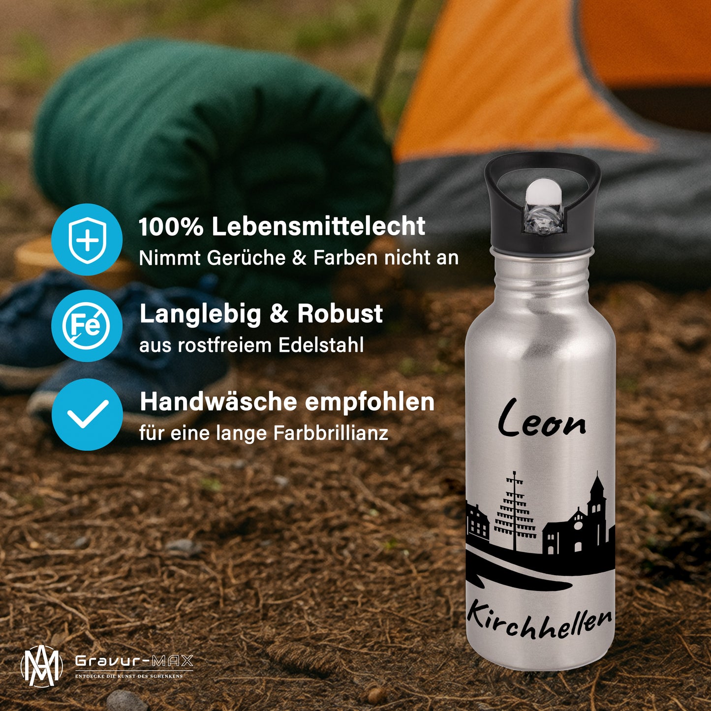 Trinkflasche in Silber 600ml aus Edelstahl bedruckt mit der Skyline von Kirchhellen personalisierbar mit Wunschname