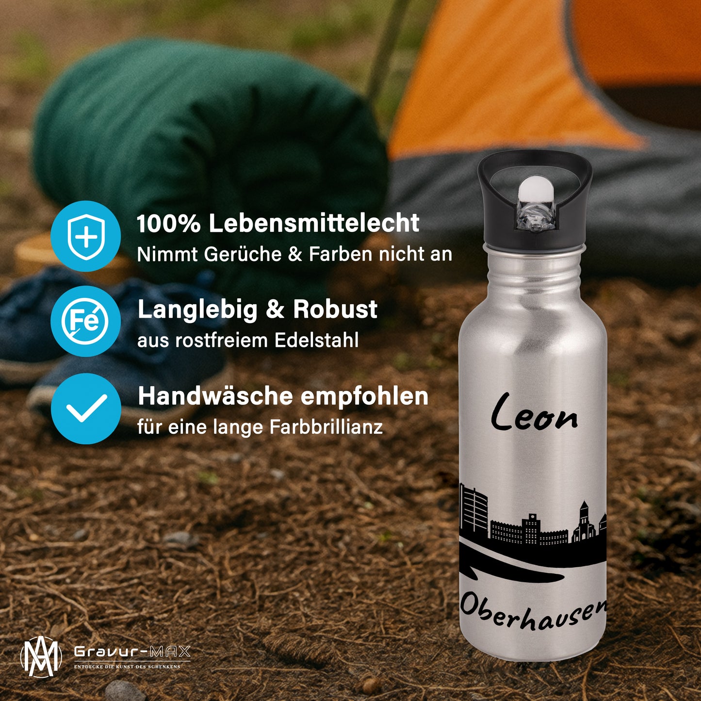 Trinkflasche in Silber 600ml aus Edelstahl bedruckt mit der Skyline von Oberhausen personalisierbar mit Wunschname