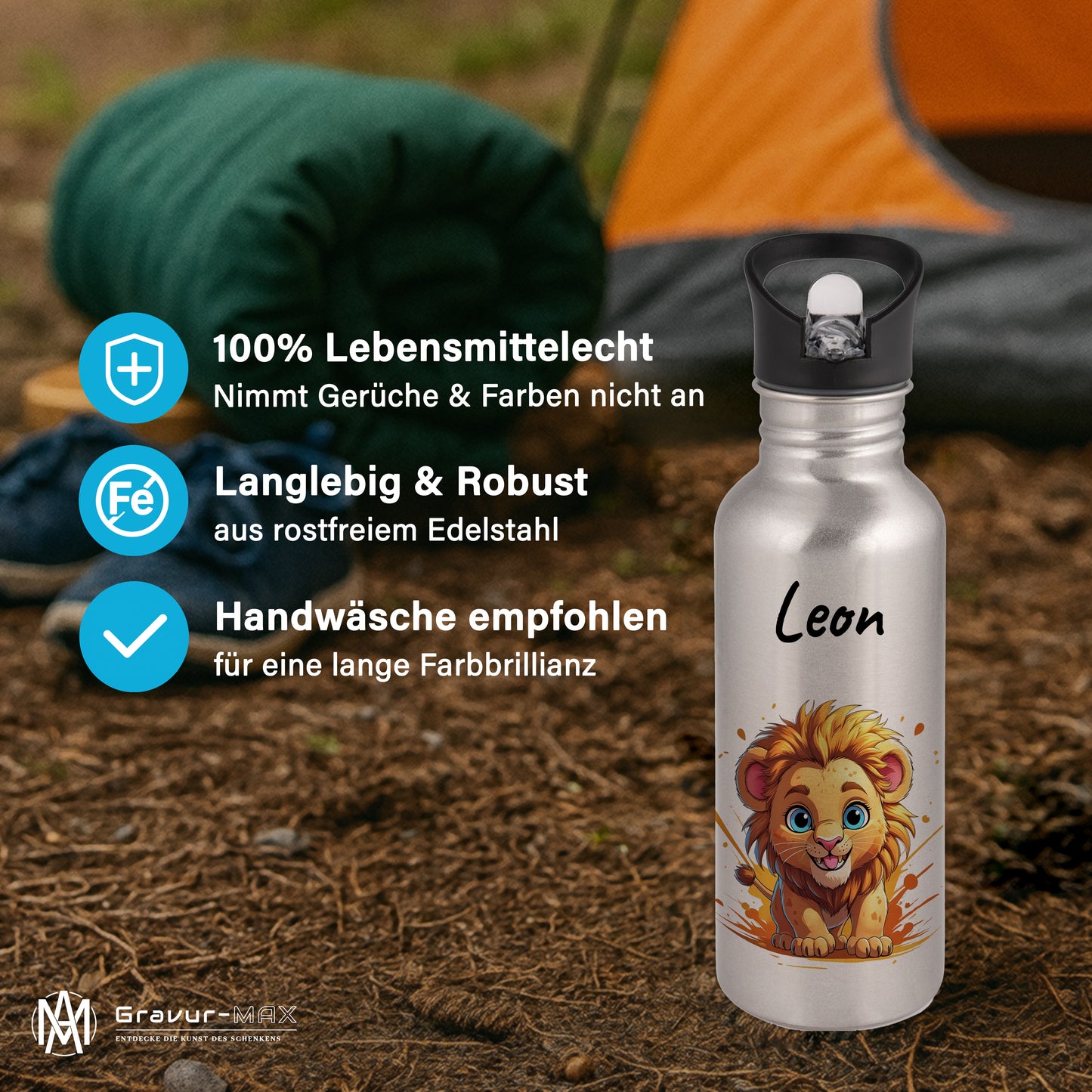 Trinkflasche mit Strohhalm in Silber 600ml bedruckt mit niedlichen Tieren"Löwe" personalisierbar für Kinder mit Wunschname aus Edelstahl