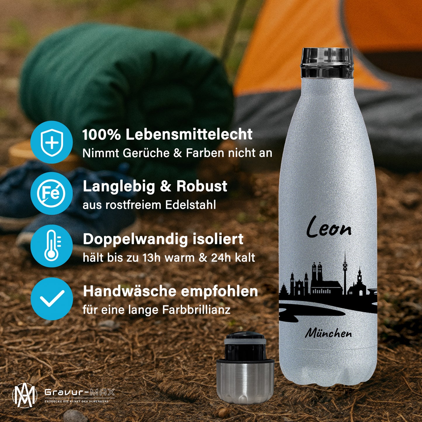Glitzer Trinkflasche in Silber 500ml aus Edelstahl bedruckt mit der Skyline von München personalisierbar mit Wunschname