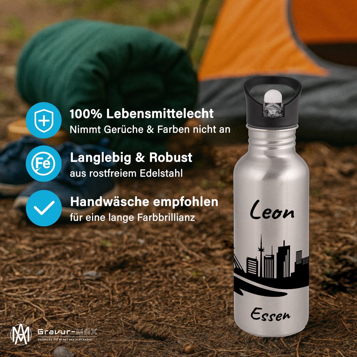 Trinkflasche in Silber 600ml aus Edelstahl bedruckt mit der Skyline von Essen personalisierbar mit Wunschname