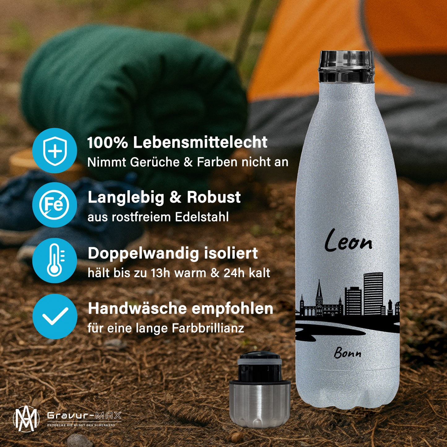 Glitzer Trinkflasche in Silber 500ml aus Edelstahl bedruckt mit der Skyline von Bonn personalisierbar mit Wunschname